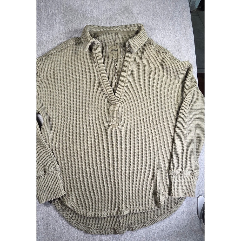 Aerie Oversized Waffle Knit Thermal Henley Top Olive Green XXS Long Sleeve